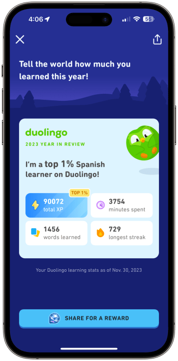 Uma captura de tela do Duolingo Year in Review 2023 rodando em um iPhone.