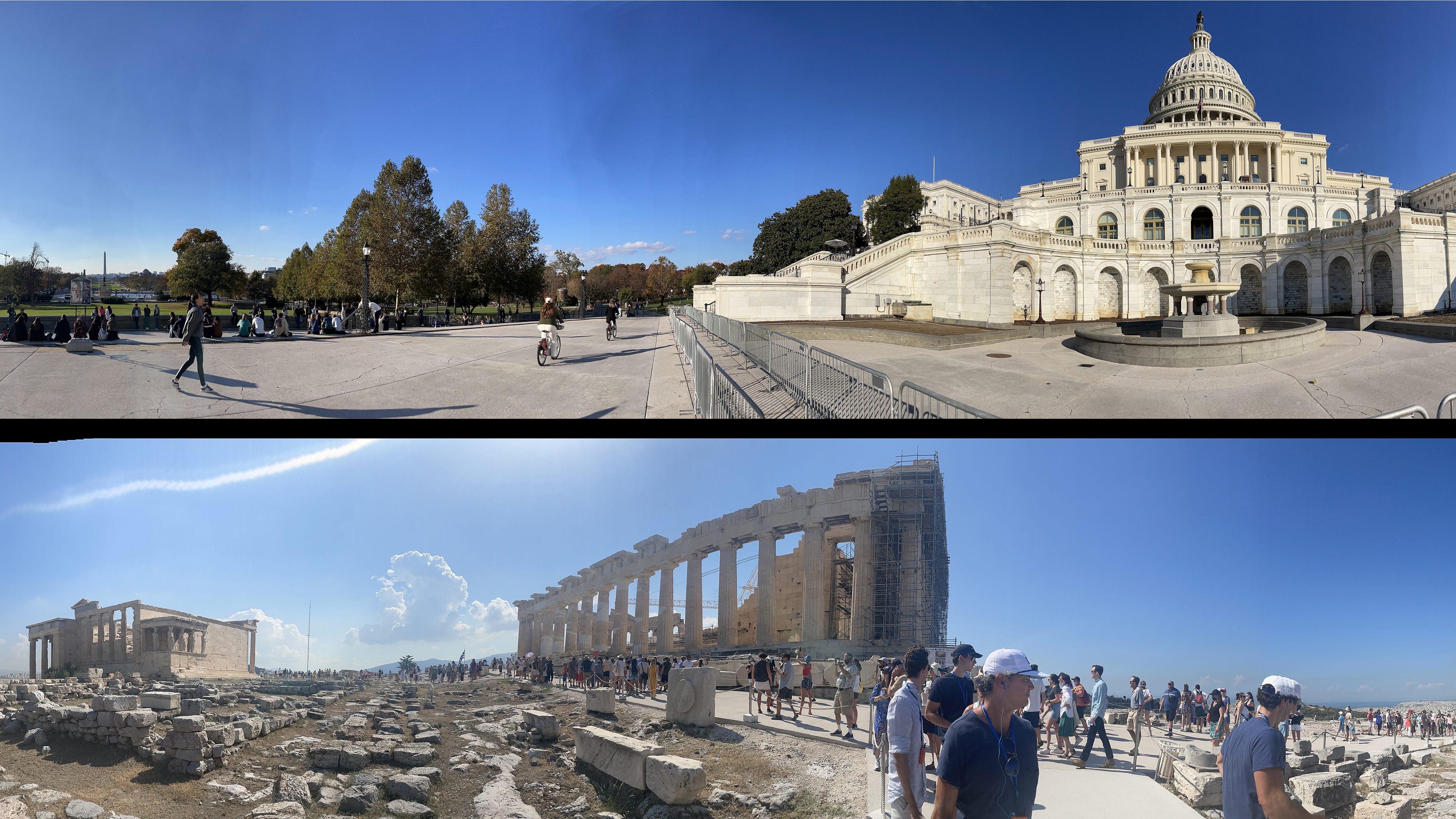 dois panoramas da Acrópole na Grécia e do Capitólio dos EUA em Washington DC