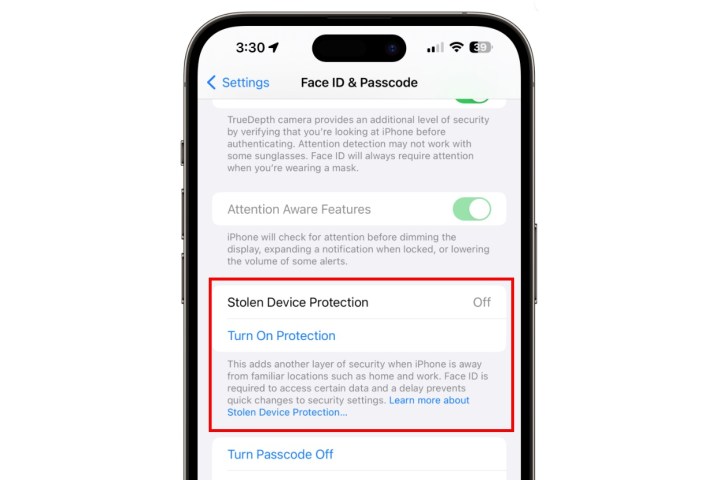 Ativando o recurso Proteção de Dispositivo Roubado no iPhone. 