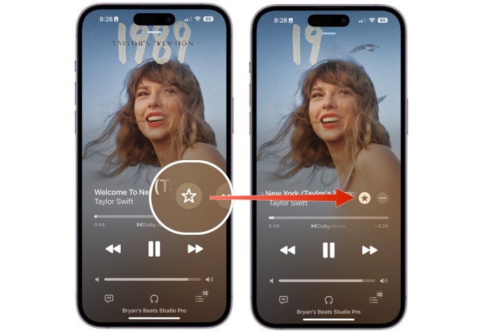 Capturas de tela mostrando como adicionar uma música como favorita no Apple Music na tela Reproduzindo Agora. 