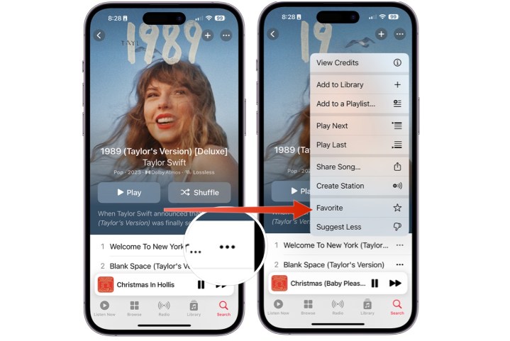 Capturas de tela mostrando como adicionar uma música aos favoritos no Apple Music no iPhone.