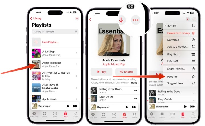 Capturas de tela mostrando as etapas para adicionar uma playlist aos favoritos no Apple Music. 