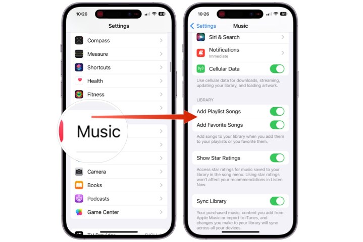 Capturas de tela mostrando como alternar/desativar a capacidade de salvar automaticamente itens favoritos no Apple Music.