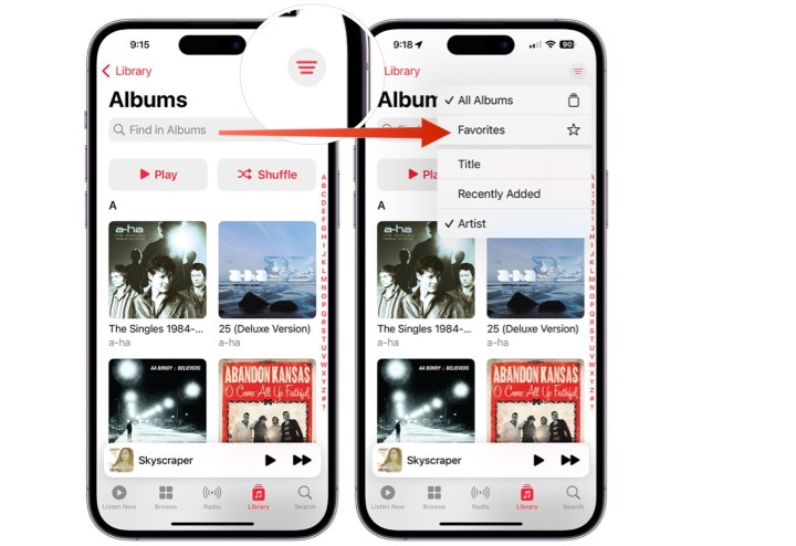 Capturas de tela mostrando como encontrar favoritos no aplicativo Apple Music.