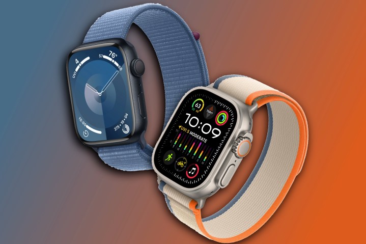 Renderizações do Apple Watch Series 9 e do Apple Watch Ultra 2 lado a lado.