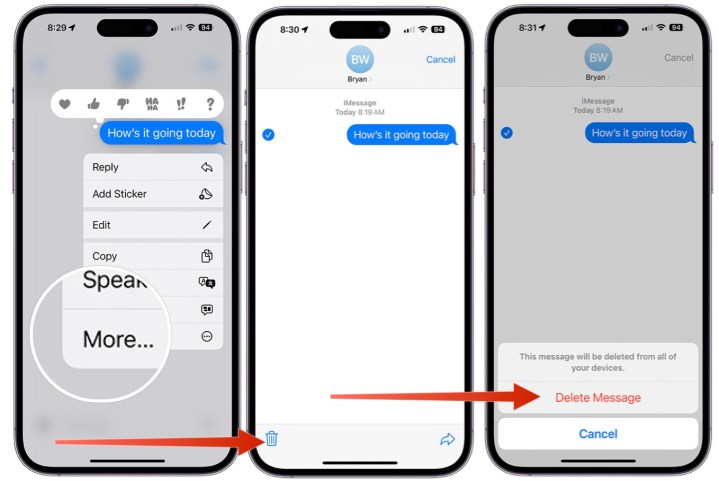 Excluindo uma mensagem no iMessage no iOS 17.