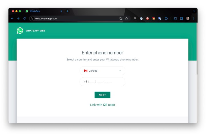 Link do WhatsApp Web com um número de telefone no Chrome.