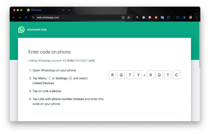 Link do WhatsApp Web com número de telefone e código manual no Chrome.