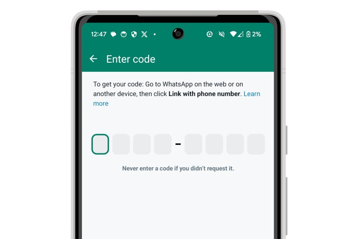 Vinculação do WhatsApp para Android com código manual.