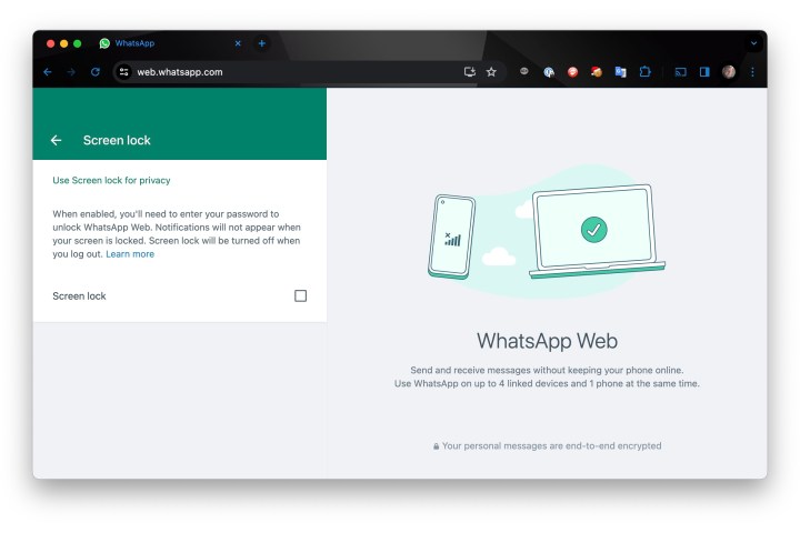 Configurações de bloqueio de tela do WhatsApp Web no Chrome.