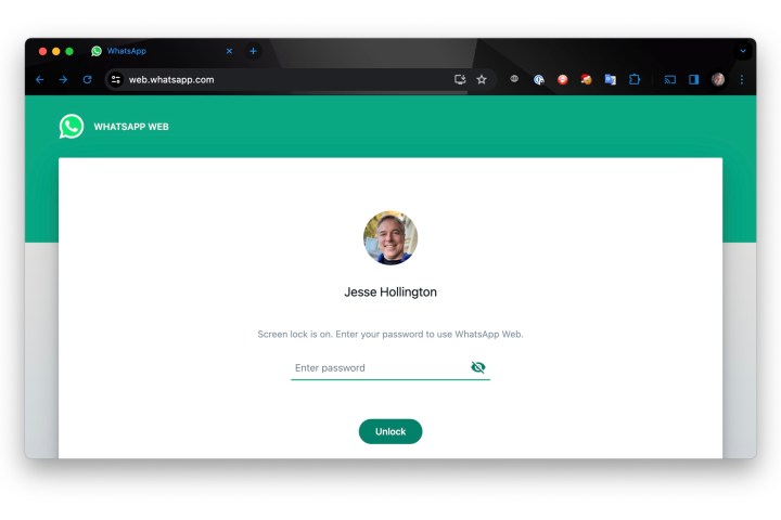 Bloqueio de tela do WhatsApp Web ativo no Chrome.
