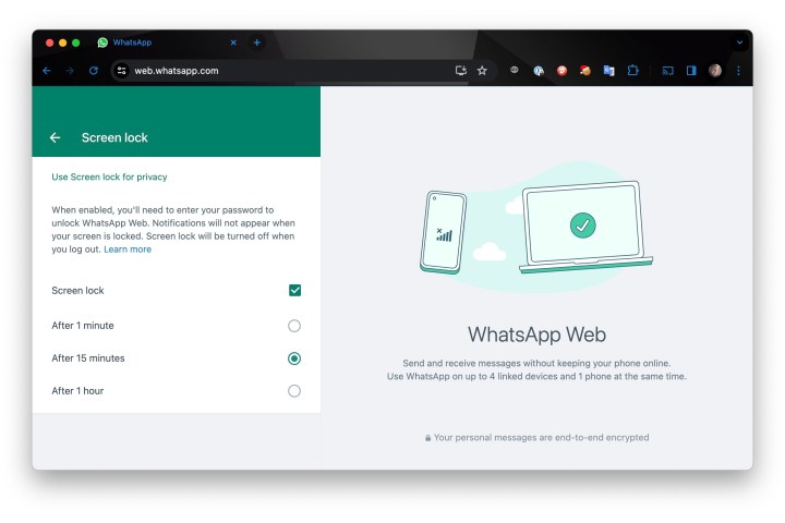 Configurações de bloqueio de tela do WhatsApp Web no Chrome.