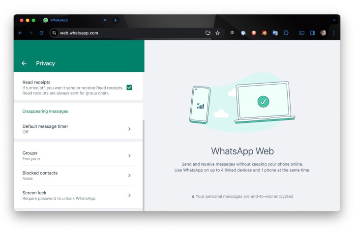 Configurações de privacidade do WhatsApp Web no Chrome.