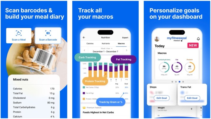 Capturas de tela do aplicativo MyFitnessPal para iOS.