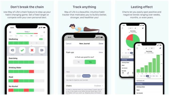 Capturas de tela do aplicativo Way of Life para iOS.