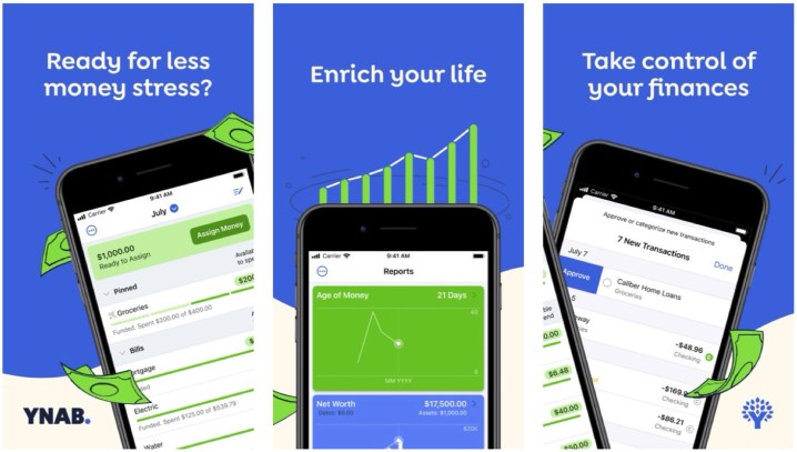 Capturas de tela do aplicativo YNAB iOS.