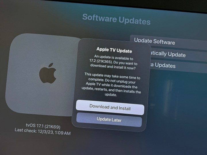 Tela de atualização do Apple TV tvOS 17.2.
