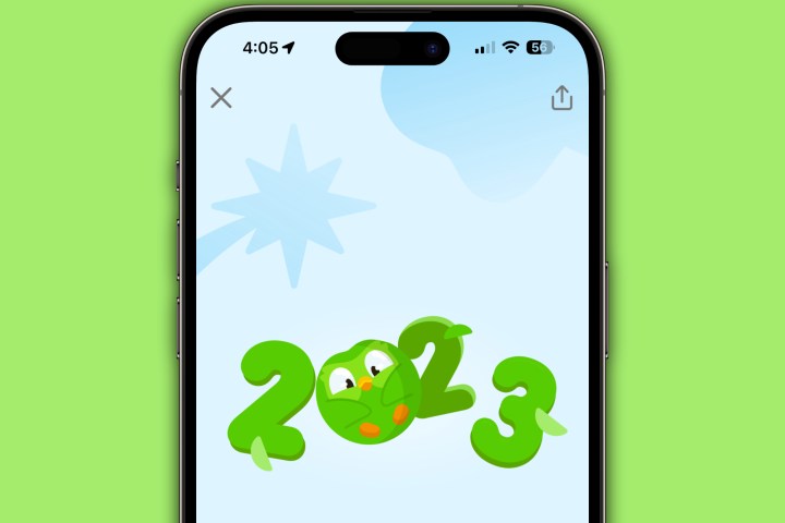 Revisão do ano do Duolingo 2023 rodando em um iPhone.