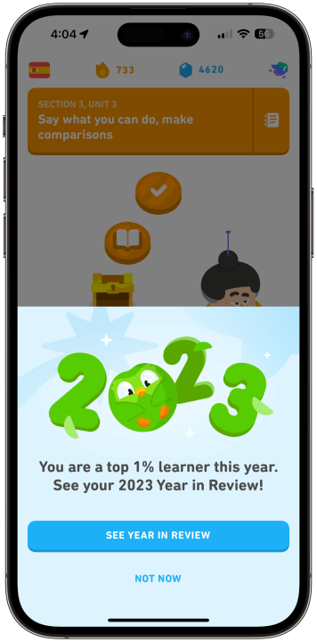 Uma captura de tela do Duolingo Year in Review 2023 rodando em um iPhone.