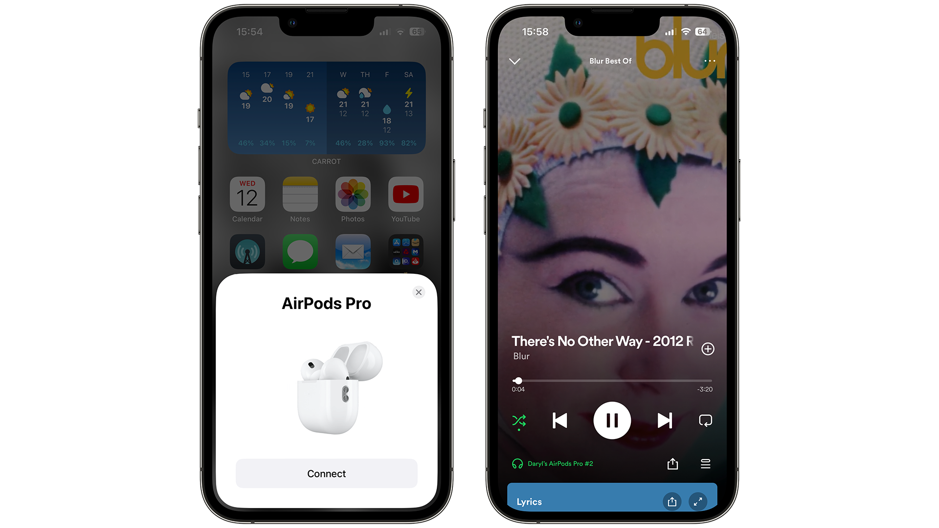 Configuração do AirPods Pro 2 e Spotify reproduzindo Blur com exibição do AirPods Pro 2