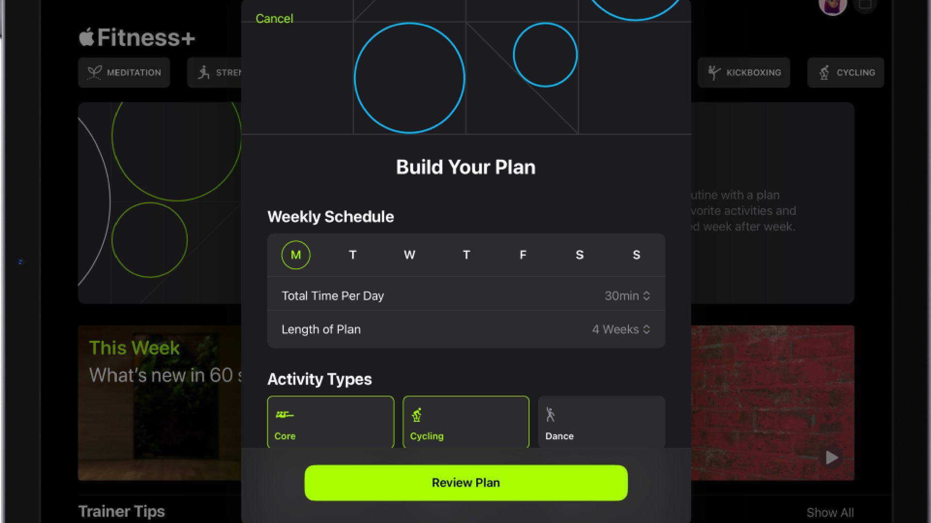 Opção de plano personalizado no aplicativo Fitness