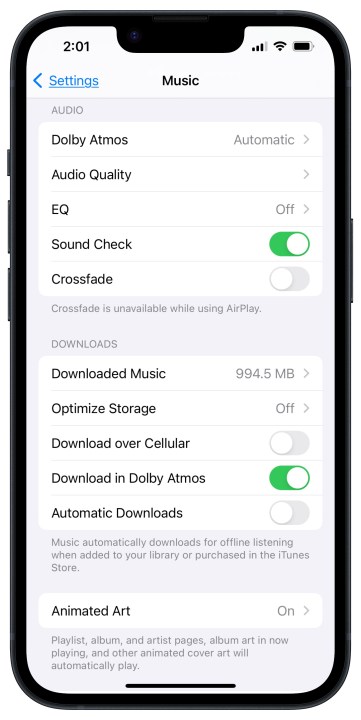 Configurações Dolby Atmos do Apple Music no iOS 17.