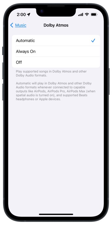 Configurações Dolby Atmos do Apple Music no iOS 17.