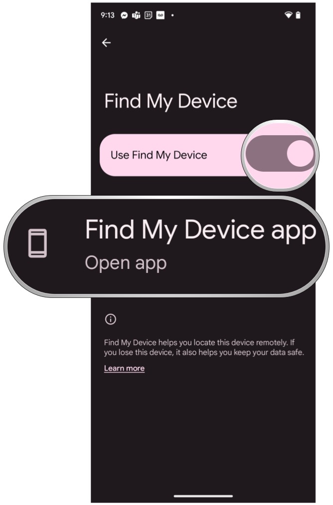 Configurações do Android 13 Alternar Encontrar Meu Dispositivo e opção Abrir Aplicativo