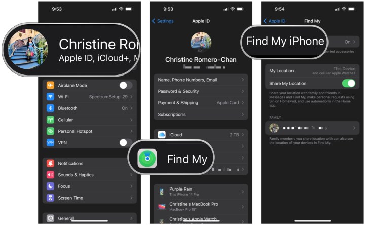 Configurações no iOS 16 mostrando Apple ID, selecione Find My, selecione Find My iPhone