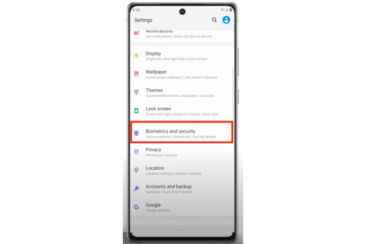 Configurações da Samsung para biometria e segurança.
