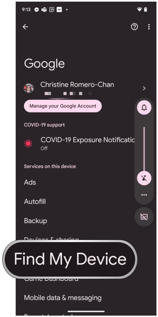 Configurações do Android 13, Google, selecione Encontre Meu Dispositivo