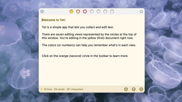 The Tot app welcome screen shown on a Mac screen with a jellyfish display in the background.