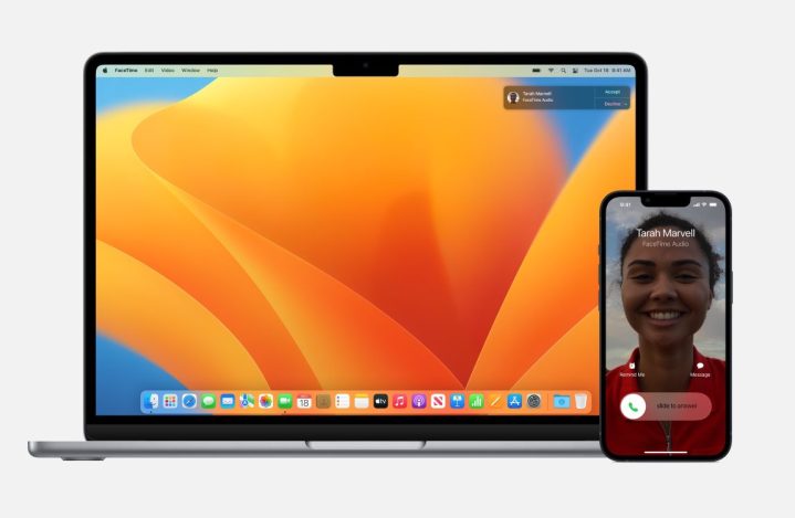 Captura de tela de continuidade da Apple mostrando Mac e iPhone recebendo uma chamada.