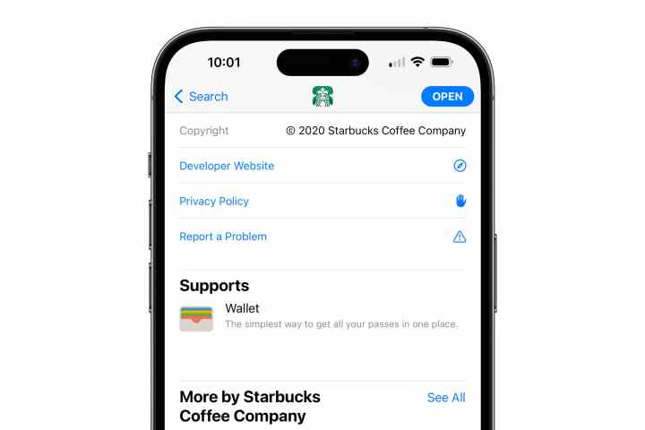 iPhone mostrando a página da App Store para compatibilidade com a Apple Wallet.