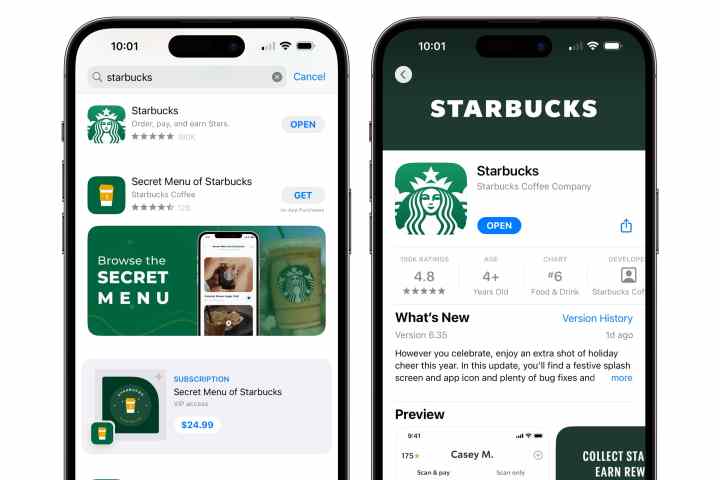 Dois iPhones mostrando uma busca pelo aplicativo Starbucks na App Store.