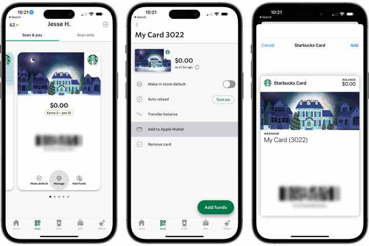 Três iPhones mostrando as etapas para adicionar o cartão Starbucks à Apple Wallet.