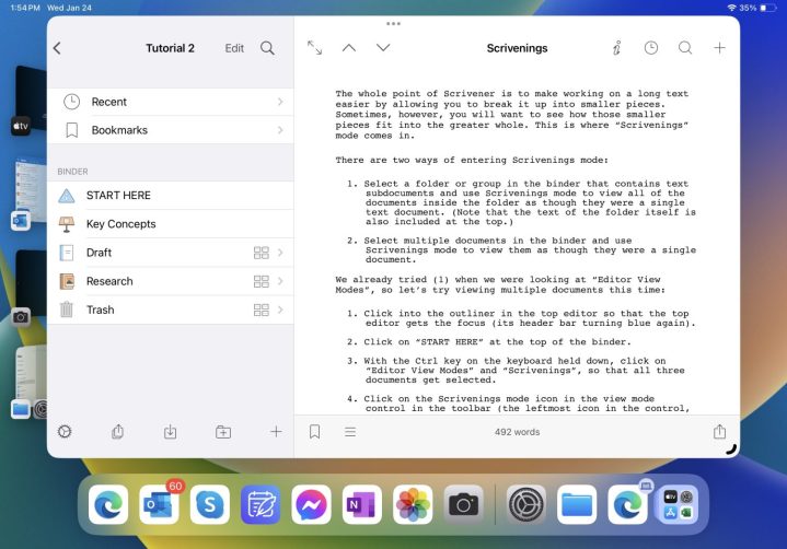 Captura de tela do iPad Pro 11 mostrando o aplicativo Scrivener.