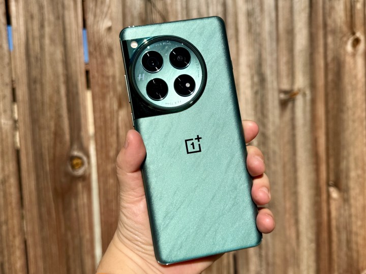 OnePlus 12 em Flowy Emerald segurado na mão sob a luz do sol.