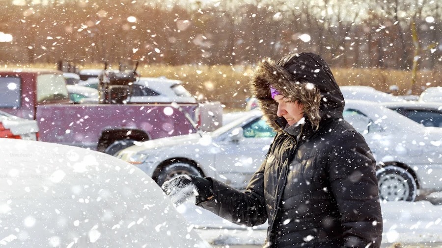 Pessoa removendo neve do carro