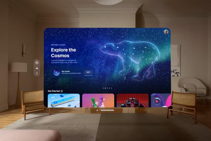 A App Store do Apple Vision Pro aparece em realidade aumentada na sala de uma pessoa.