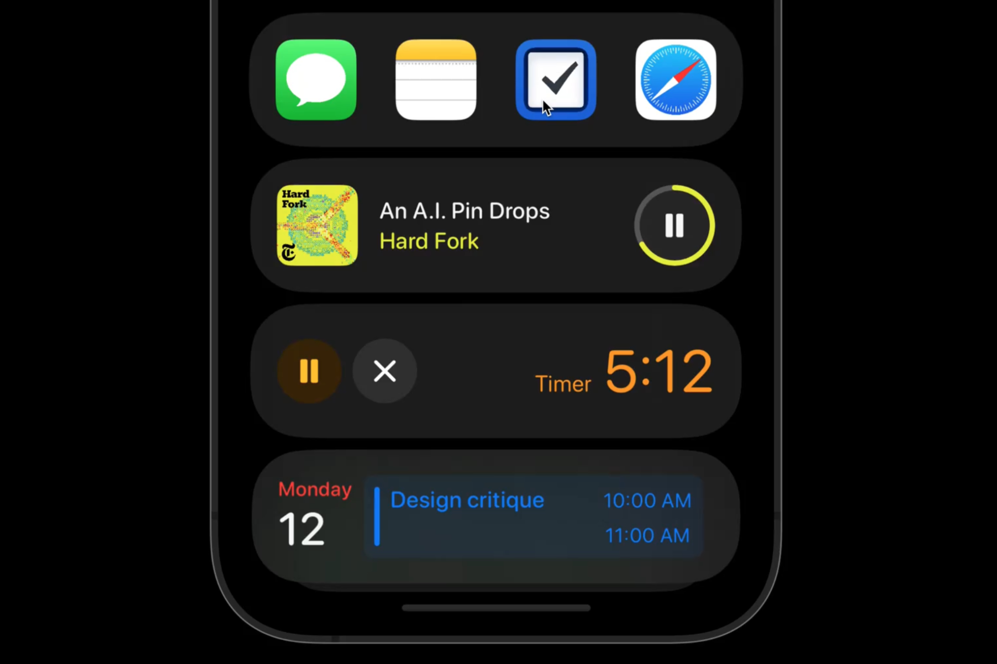 Um conceito iOS mostrando uma pilha inteligente de widgets abaixo do dock do aplicativo.