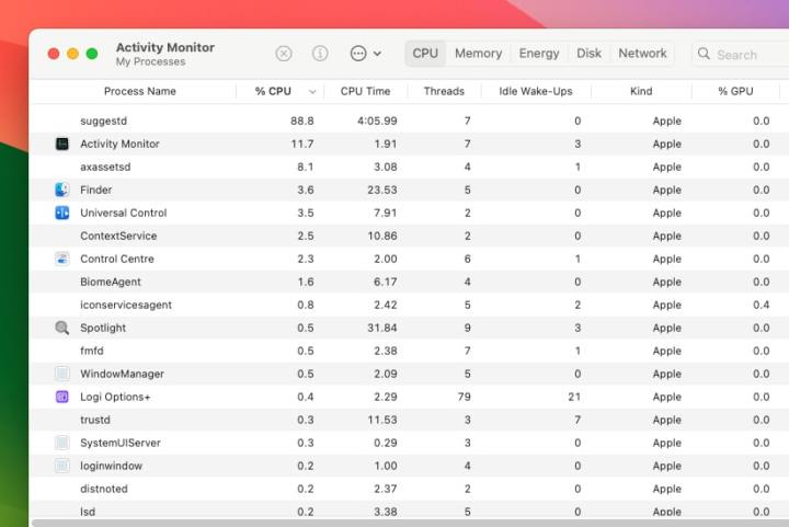 O aplicativo Activity Monitor no macOS Sonoma, mostrando aplicativos e processos abertos classificados por uso da CPU.