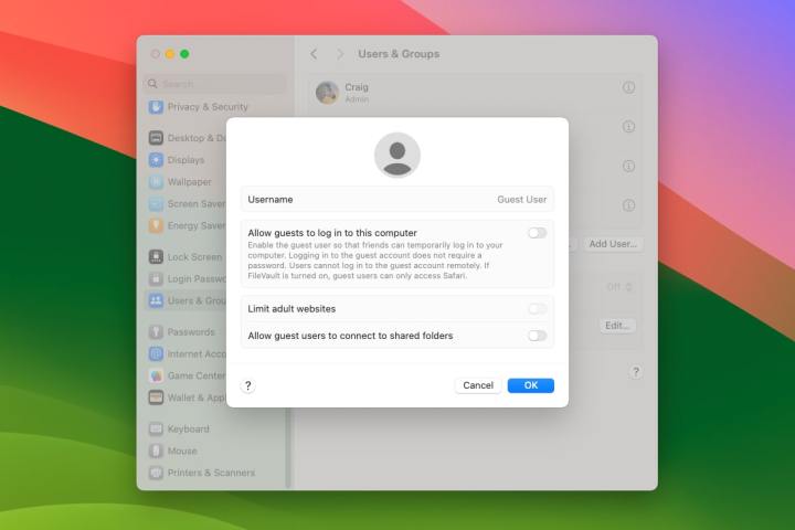 O aplicativo Configurações no macOS Sonoma mostrando uma opção para ativar ou desativar um usuário convidado.