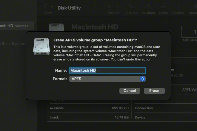 Aplicativo Disk Utility da Apple mostrando uma opção para apagar a unidade Macintosh HD.