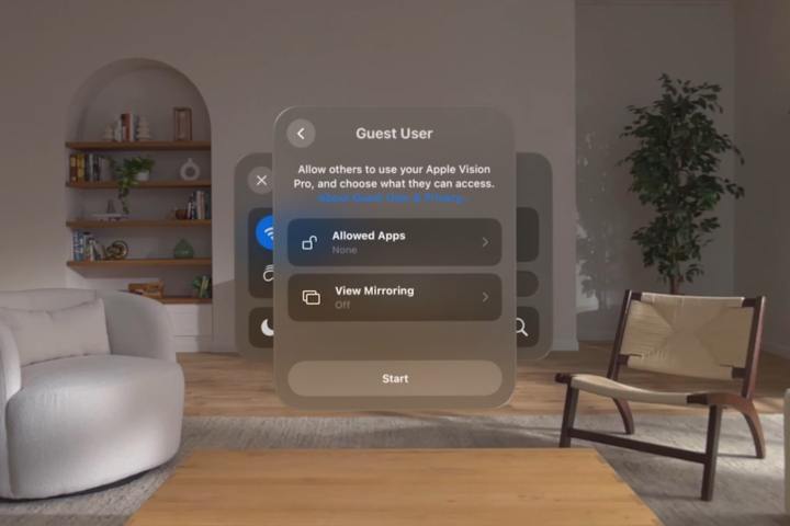 Uma tela no headset Apple Vision Pro mostrando o processo de configuração do usuário convidado.