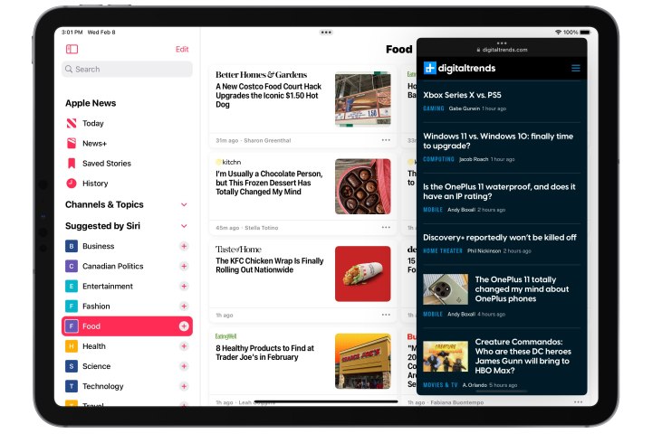 Safari aberto na visualização Slide Over no Apple News.