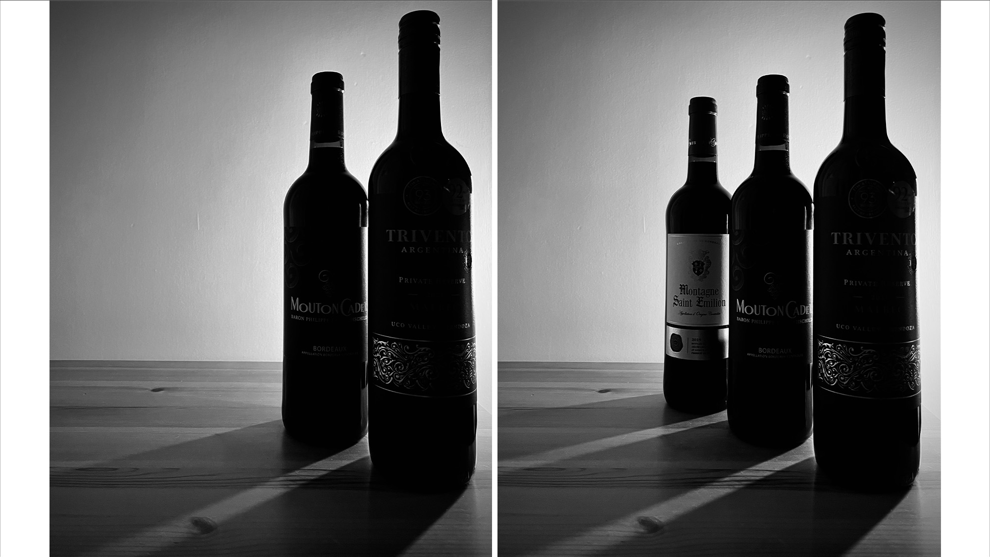 Foto em preto e branco de garrafas de vinho