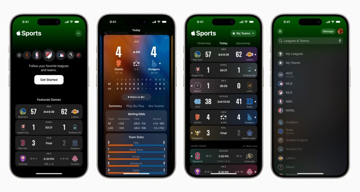 Pressione imagens do aplicativo Apple Sports em um iPhone.