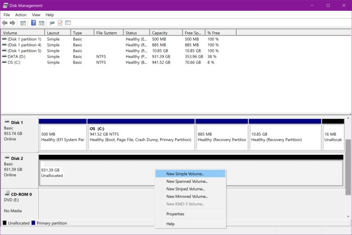 A opção Novo volume simples do Windows 10 em Gerenciamento de disco.