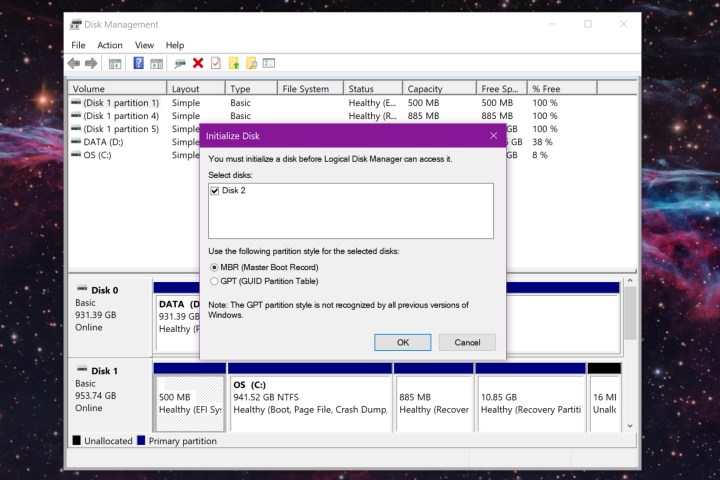 A tela de inicialização do disco do Windows 10.